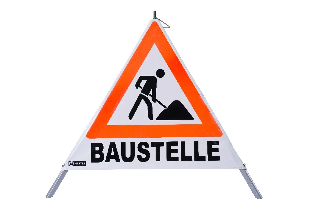 Warnpyramide, Faltsignal, schwer, Beschriftung: Baustelle, Zeichen: Bauarbeiter, Seitenlänge 70 cm, tagesleuchtend weiß