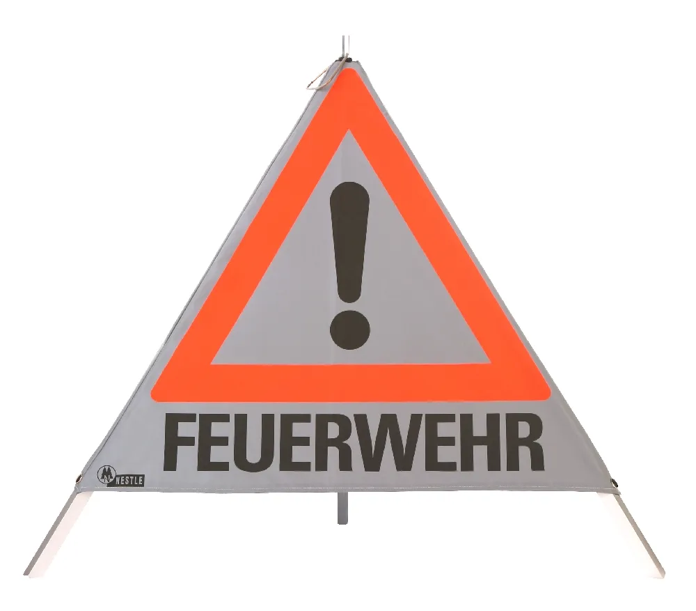 Warnpyramide, Faltsignal, schwer, Beschriftung: Feuerwehr, Zeichen: Ausrufezeichen (VZ101), Seitenlänge 70 cm, tagesleuchtend weiß